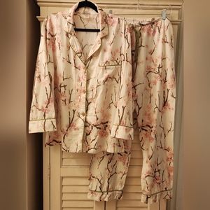 Rare! Bedhead Floral Ivory Pink Cherry Blossom Green Cotton 2pc Set PJ's Sz LG
